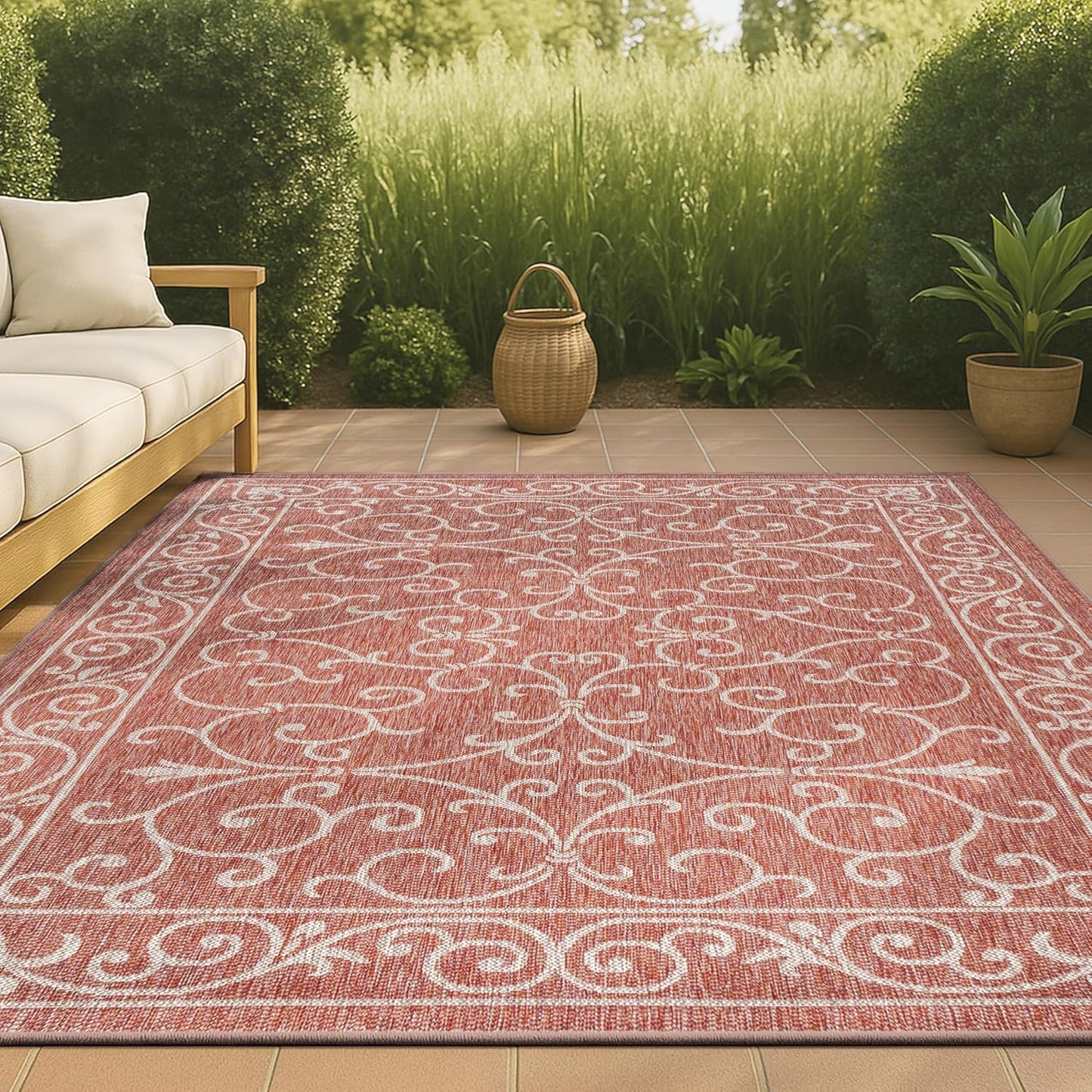 JONATHAN Y SMB106B-9 Charleston Vintage Filigree Textured Weave Indoor Outdoor Area Rug Classic Coastal Easy Cleaning Bedroom Kitchen Backyard Patio Non Shedding, 9 X 12, Red/Beige