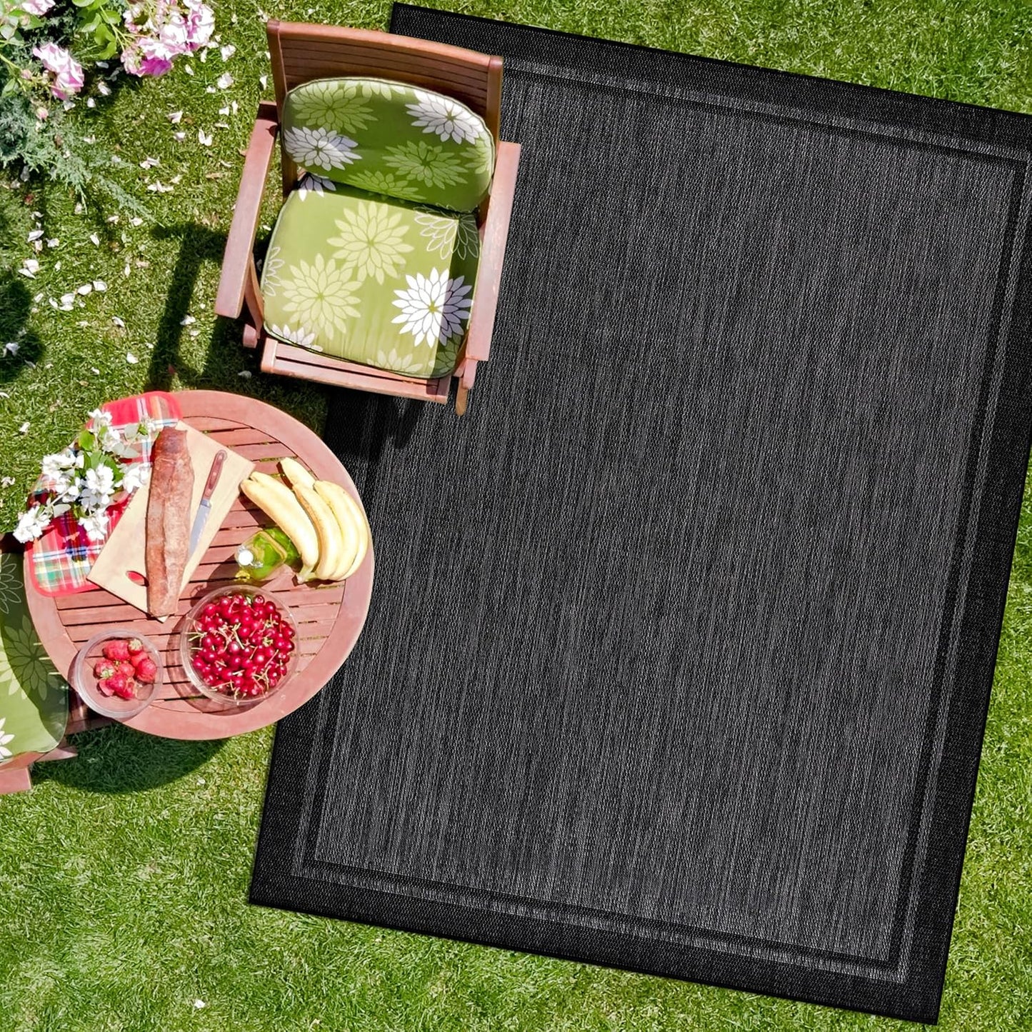 CAMILSON Indoor Outdoor Rug, 9x12 Bordered Dark Grey Black Modern Large Area Rugs for Indoor and Outdoor Patios, Kitchen and Hallway Mats, Washable Porch Deck Outside Carpet (Bordered Black, 9 x 12)