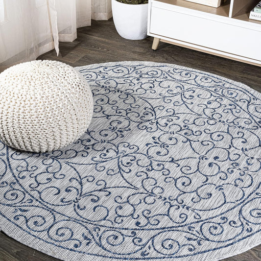 JONATHAN Y SMB106C-9R Charleston Vintage Filigree Textured Weave Gray/Navy 9' Round Indoor/Outdoor Area Rug, Pet Friendly, Non-Shedding, Stain Resistant, Easy-Cleaning for Backyard, Patio, Porch
