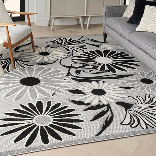 Nourison Home Aloha Indoor/Outdoor Black White 5'3" x 7'5" Area Rug, Easy Cleaning, Non Shedding, Bed Room, Living Room, Dining Room, Kitchen (5x7)