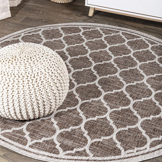 Eyely BMS109B-5R Santa Monica Trebol Moroccan Trellis Textured Weave Indoor/Outdoor Area Rug Coastal;Bohemian, Bedroom, Backyard, Patio, Easy-Cleaning, Non-Shedding, 5' Round, Espresso/Taupe