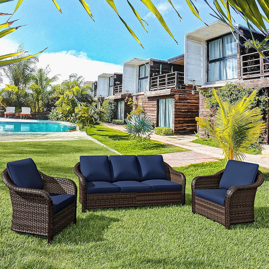 3 Pieces Outdoor Patio Conversation Set, 78" Couch, 2 Chairs, Rattan Wicker Conversation Furniture with Removable Cushions for Bistro, Deck (Navy Blue)