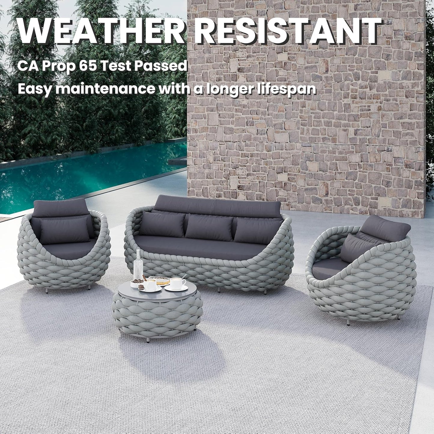Rope Patio Furniture Set: 4 Pieces Aluminum Outdoor Couch Set Cushioned - Assembled Conversation Sofa Set Modern - Metal Porch Seating for 5 Person - All Weather for Deck Garden Poolside Hotel