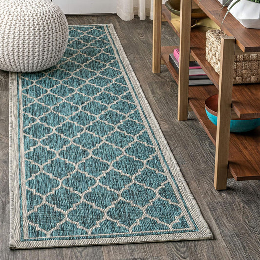 Eyely BMS109E-28 Santa Monica Trebol Moroccan Trellis Textured Weave Indoor/Outdoor Runner Rug Coastal;Bohemian, Bedroom, Backyard, Patio, Easy-Cleaning, Non-Shedding, 2 X 8, Teal/Gray