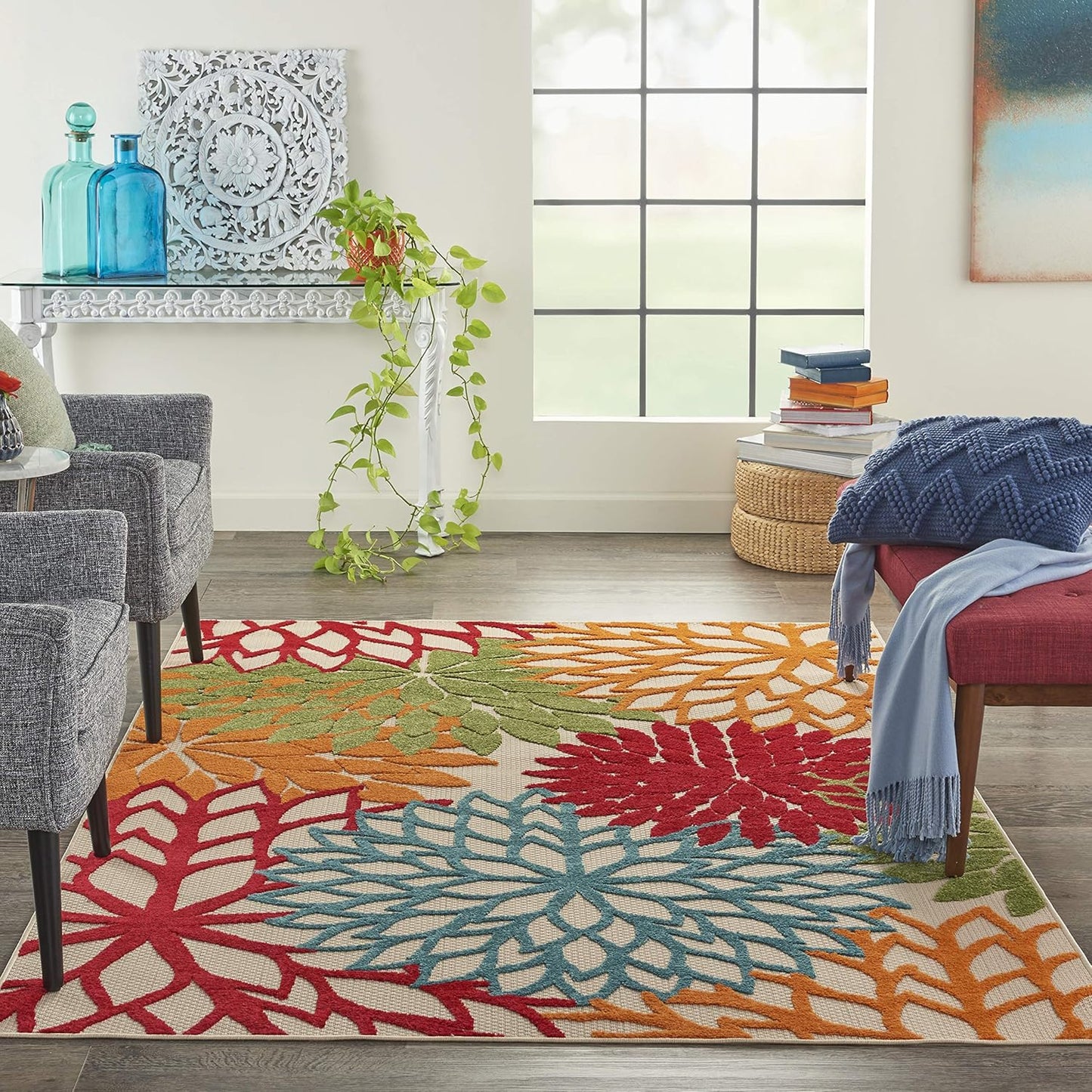 Nourison Aloha Indoor/Outdoor Green 5'3" x 7'5" Area Rug, Tropical, Botanical, Easy Clean, Non Shedding, Bed Room, Living Room, Dining Room, Deck, Backyard, Patio (5x7)