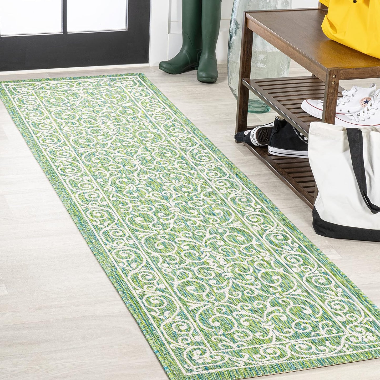 JONATHAN Y SMB106K-210 Charleston Vintage Filigree Textured Weave Indoor Outdoor Runner Rug, Classic, Traditional, Transitional Easy Clean,Bedroom,Kitchen,Backyard,Patio, Non-Shed, Green/Ivory, 2 X 10