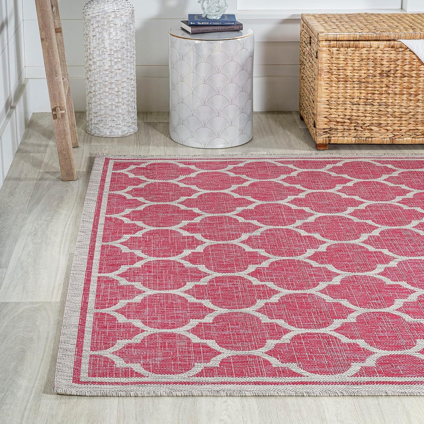 Eyely BMS109H-4 Santa Monica Trebol Moroccan Trellis Textured Weave Indoor/Outdoor Area Rug Coastal;Bohemian, Bedroom, Backyard, Patio, Easy-Cleaning, Non-Shedding, 4 X 6, Fuchsia/Light Gray