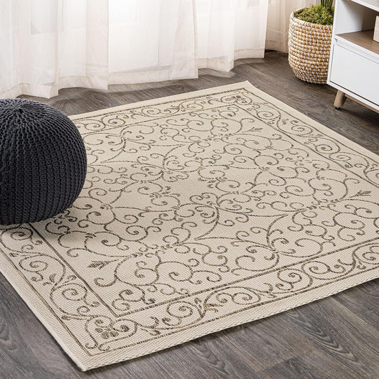 JONATHAN Y SMB106A-4SQ Charleston Vintage Filigree Textured Weave Beige/Brown 4' Square Indoor/Outdoor Area Rug, Pet Friendly, Non-Shedding, Stain Resistant, Easy-Cleaning for Backyard, Patio, Porch