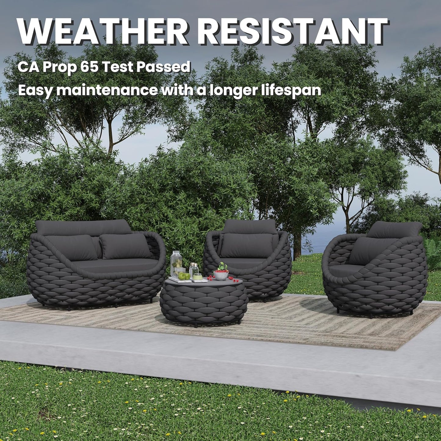 Rope Outdoor Patio Furniture Set: 6 Pieces Aluminum Porch Conversation Sofa Set - Modern Woven Deck Couch Set Cushioned - No Assembly All Weather for 660lbs Yard Garden Lanai Hotel, Dark Gray