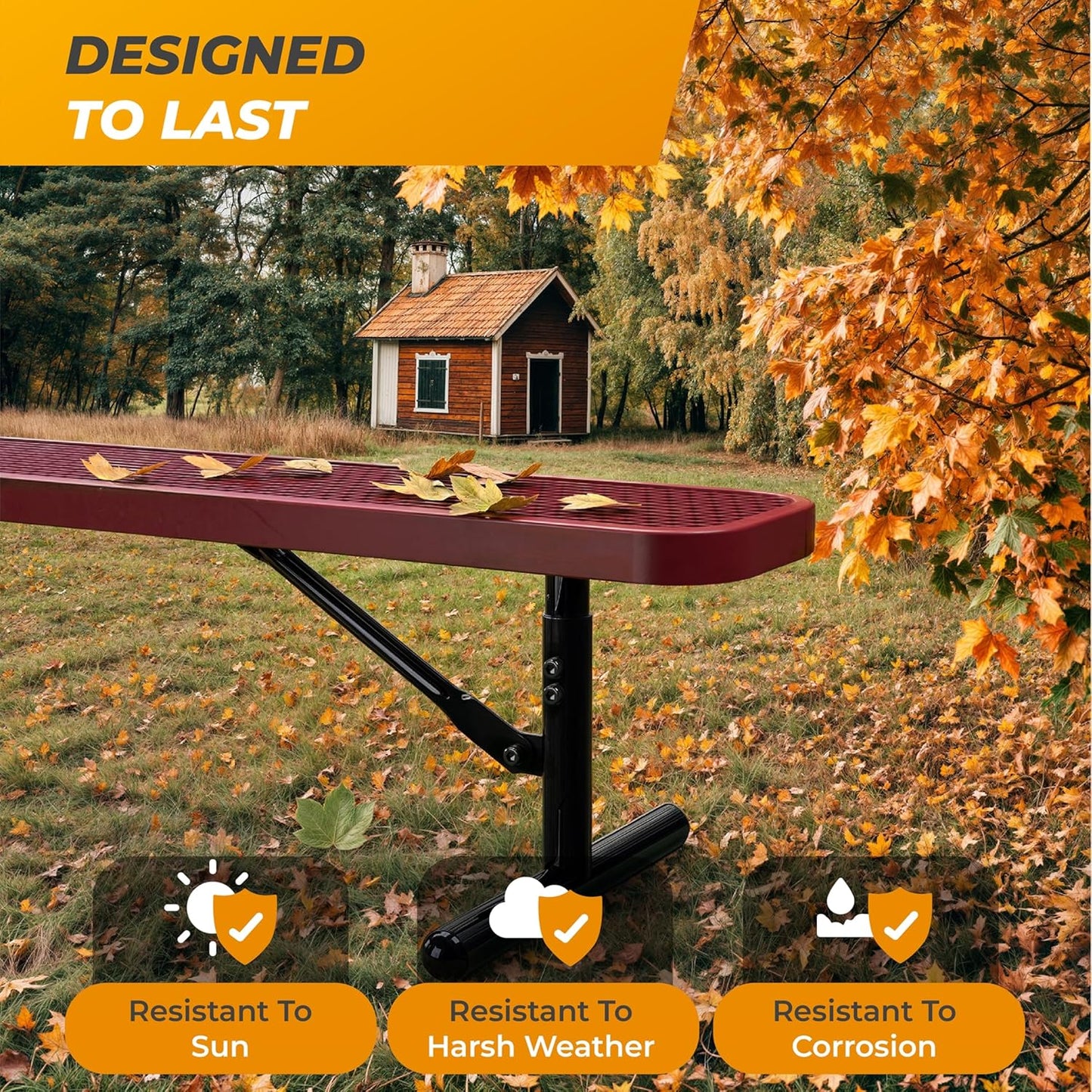 Heavy-Duty Outdoor Metal Bench, Thermoplastic-Coated, Portable, Weatherproof, Commercial-Grade for Parks, Gardens, Patios, Stores & More (6 Ft - Portable, Red)