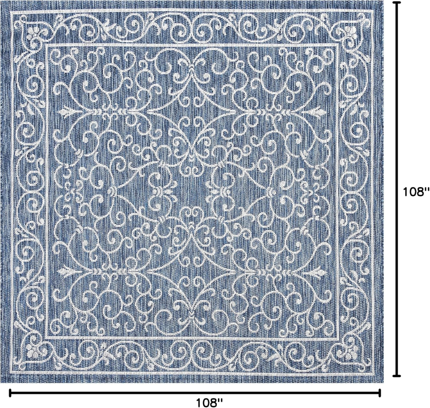 JONATHAN Y SMB106D-9SQ Charleston Vintage Filigree Textured Weave Navy/Gray 9' Square Indoor/Outdoor Area Rug, Pet Friendly, Non-Shedding, Stain Resistant, Easy-Cleaning for Backyard, Patio, Porch