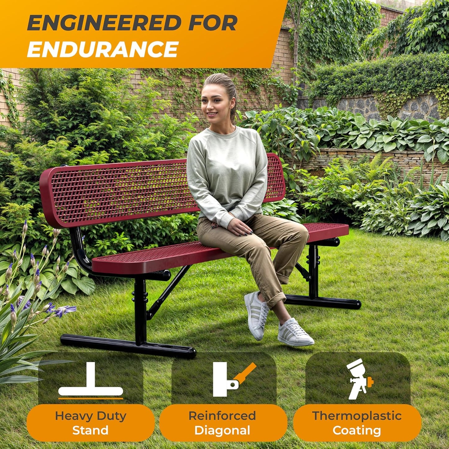 Heavy-Duty Outdoor Metal Bench, Thermoplastic-Coated, Portable, Weatherproof, Commercial-Grade for Parks, Gardens, Patios, Stores & More (6 Ft - Portable with Back, Red)