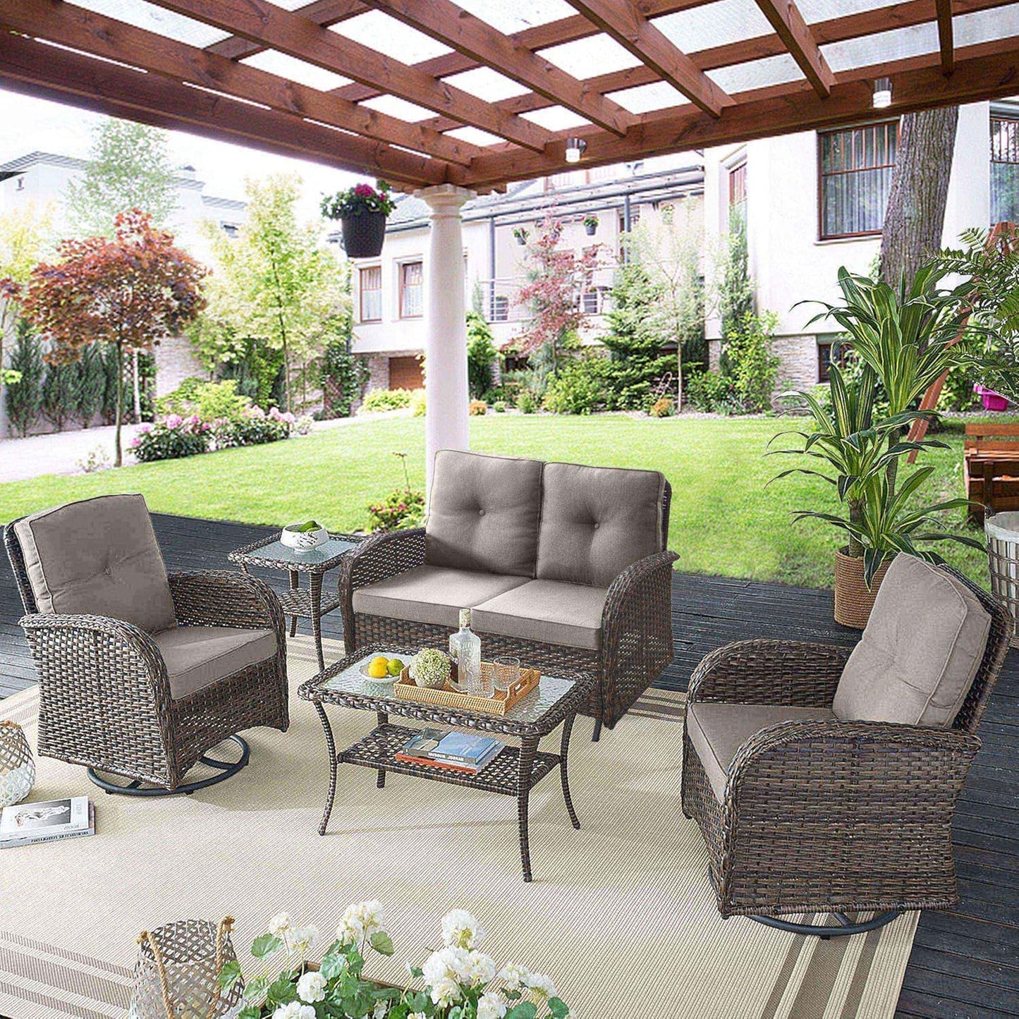 5 Piece Outdoor Patio Furniture Set with Deep Seating Swivel Rocker Chairs Loveseat and Rattan Coffee Table Outdoor Conversation Sets for Deck Backyard Poolside, Gray