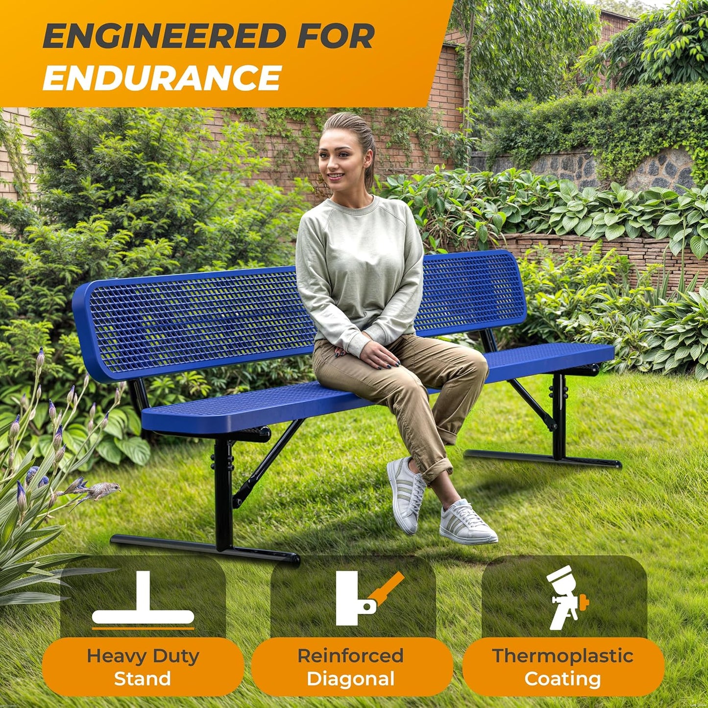 Heavy-Duty Outdoor Metal Bench, Thermoplastic-Coated, Portable, Weatherproof, Commercial-Grade for Parks, Gardens, Patios, Stores & More (8 Ft - Portable with Back, Blue)