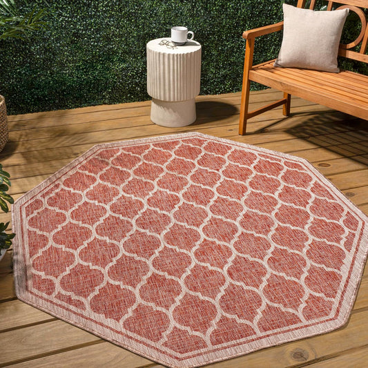 Eyely BMS109C-8TGN Trebol Moroccan Trellis Textured Weave Red/Beige 8' Octagon Indoor/Outdoor Area Rug, Red/Beige, 8' Octagon, Indoor/Outdoor, Area Rug