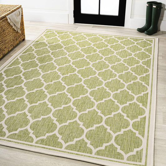 Eyely BMS109G-8 Santa Monica Trebol Moroccan Trellis Textured Weave Indoor/Outdoor Area Rug Coastal;Bohemian, Bedroom, Backyard, Patio, Easy-Cleaning, Non-Shedding, 8 X 10, Green/Cream