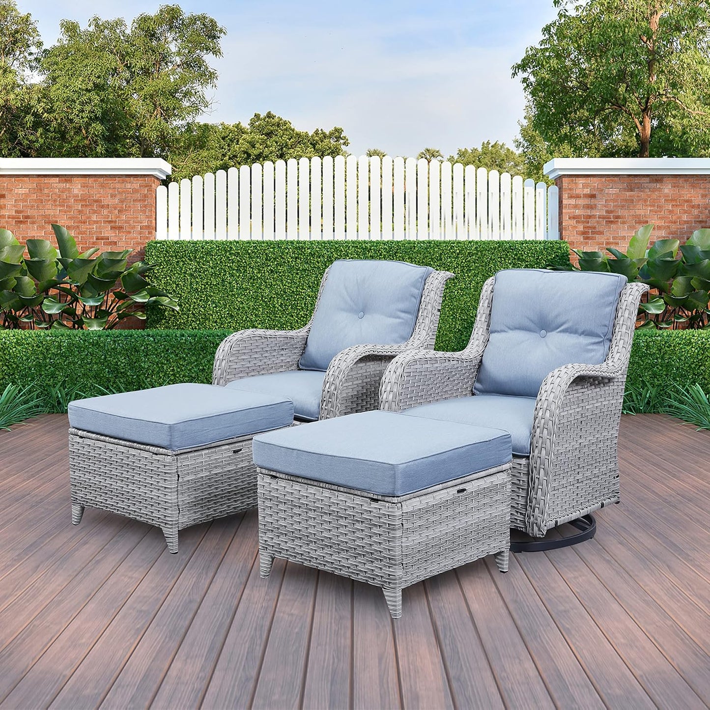 Wicker Outdoor Furniture Patio Furniture Set - 6 Piece Patio Conversation Set with Swivel Rocker Chairs, Loveseat Sofa, Ottomans and Coffee Table, Baby Blue Cushion