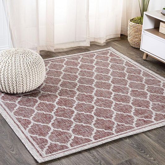Eyely BMS109C-4SQ Santa Monica Trebol Moroccan Trellis Textured Weave, Pet Friendly, Non-Shedding, Stain Resistant, Easy-Cleaning, Red/Beige, 4' Square, Indoor/Outdoor, Area Rug