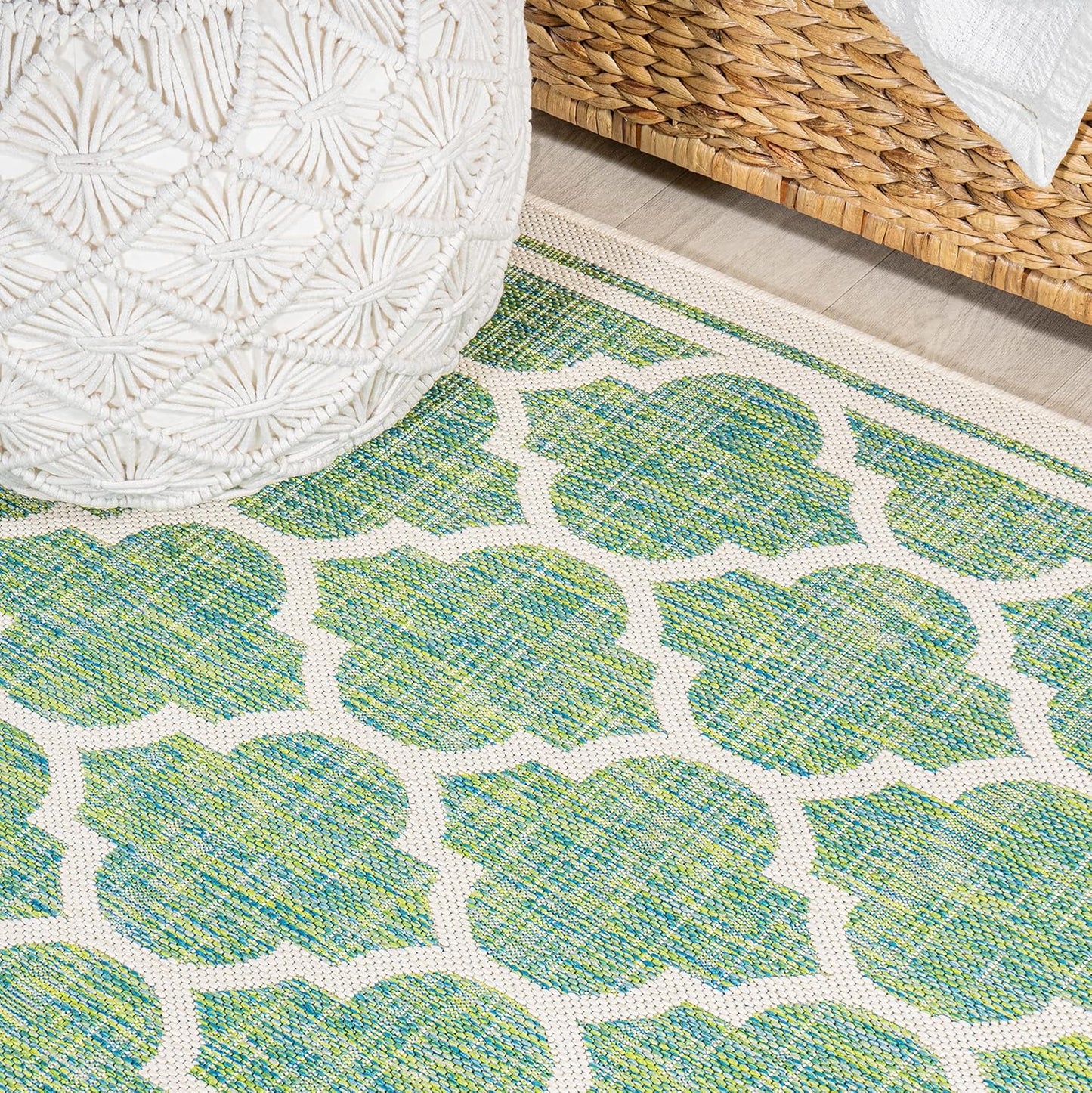 Eyely BMS109I-5R Santa Monica Trebol Moroccan Trellis Textured Weave Indoor/Outdoor Area Rug Coastal;Bohemian, Bedroom, Backyard, Patio, Easy-Cleaning, Non-Shedding, 5' Round, Cream/Green