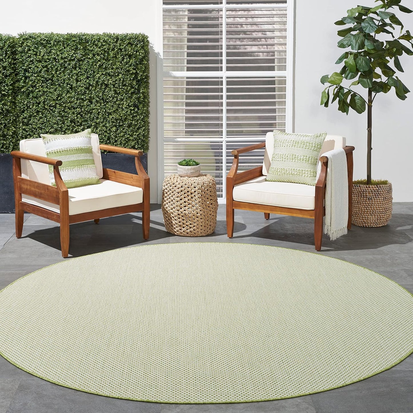 Nourison Home Courtyard Indoor/Outdoor Ivory Green 8' x Round Area Rug, Easy Cleaning, Non Shedding, Bed Room, Living Room, Dining Room, Backyard, Deck, Patio (8 Round)