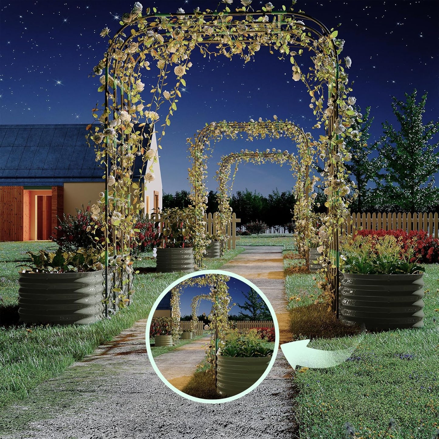 Galvanized Raised Garden Bed with 96" Tall Vertical Arch Trellis – Expandable Rust-Resistant Planter Box for Outdoor Plants, Flowers, Herbs & Vines – Includes Plant Clips, Drainage Netting,Beige