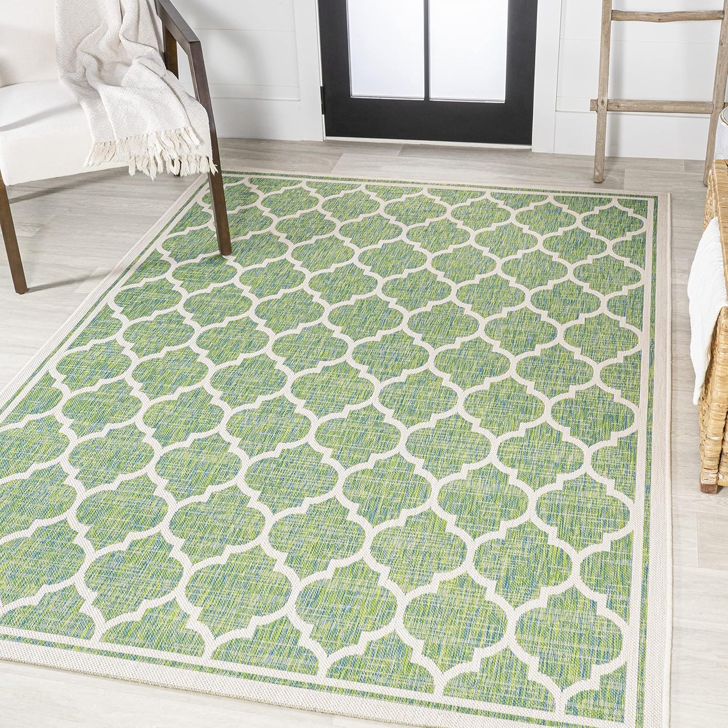 Eyely BMS109I-9 Santa Monica Trebol Moroccan Trellis Textured Weave Indoor/Outdoor Area Rug Coastal;Bohemian, Bedroom, Backyard, Patio, Easy-Cleaning, Non-Shedding, 9 X 12, Cream/Green