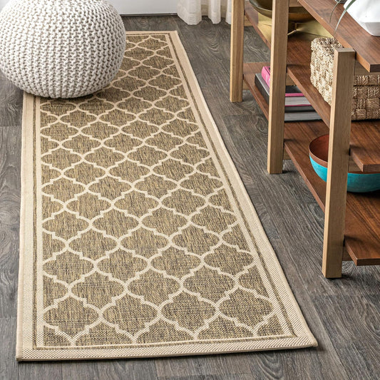 Eyely BMS109A-28 Santa Monica Trebol Moroccan Trellis Textured Weave Indoor/Outdoor Runner Rug Coastal;Bohemian, Bedroom, Backyard, Patio, Easy-Cleaning, Non-Shedding, 2 X 8, Brown/Beige