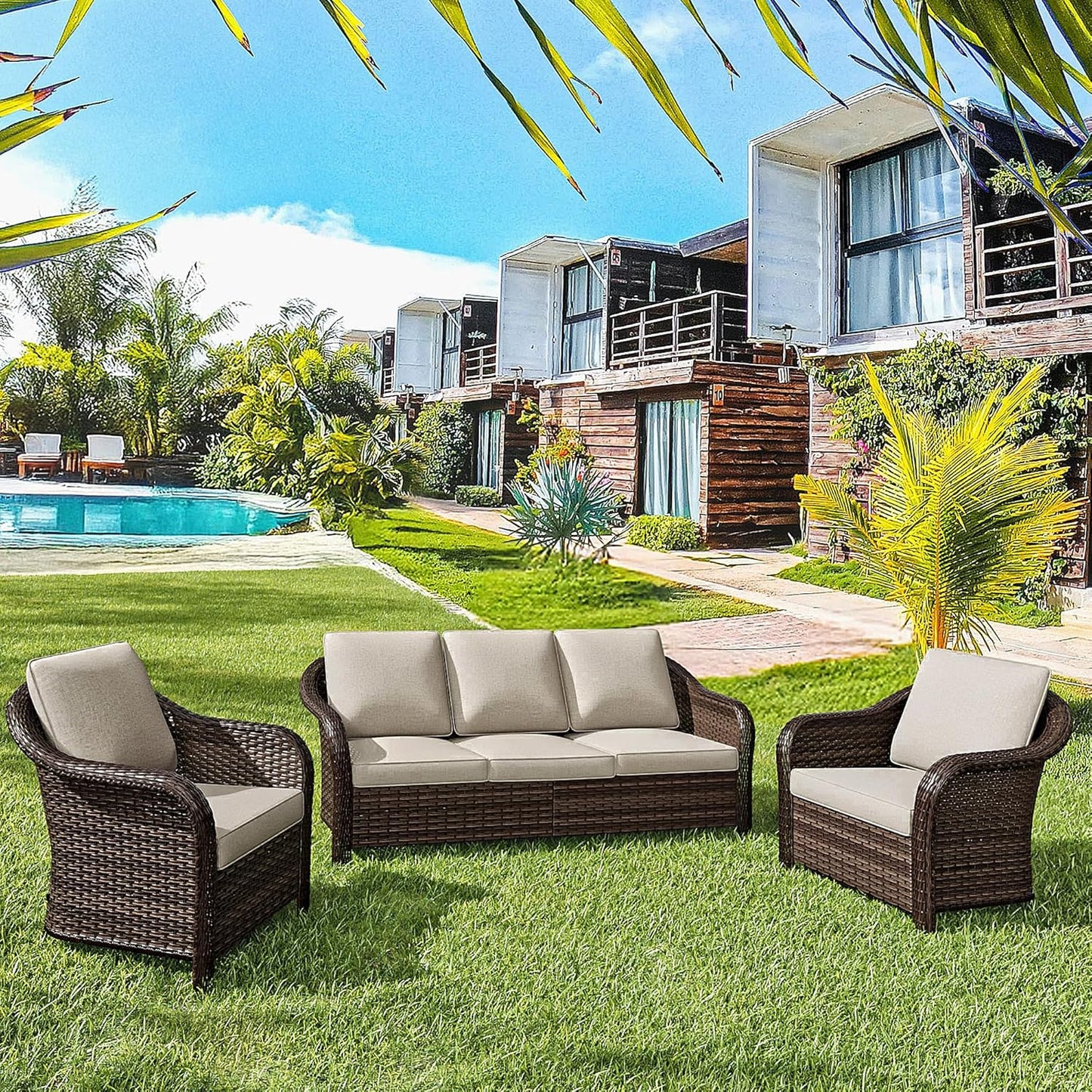 3 Pieces Outdoor Patio Conversation Set, 78" Couch, 2 Chairs, Rattan Wicker Conversation Furniture with Removable Cushions for Bistro, Deck (Beige)