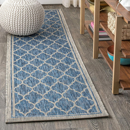 Eyely BMS109D-28 Santa Monica Trebol Moroccan Trellis Textured Weave Indoor/Outdoor Runner Rug Coastal;Bohemian, Bedroom, Backyard, Patio, Easy-Cleaning, Non-Shedding, 2 X 8, Navy/Gray
