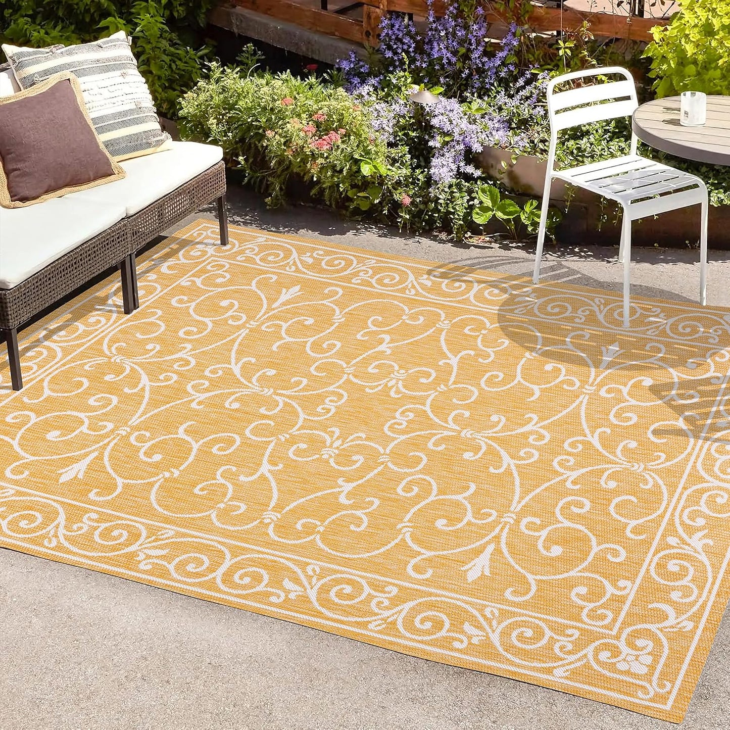 JONATHAN Y SMB106L-8 Charleston Vintage Filigree Textured Weave Indoor Outdoor Area Rug, Classic Traditional Easy-Cleaning,Bedroom,Kitchen,Backyard,Patio,Non Shedding, 8 X 10, Yellow/Cream