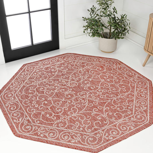 JONATHAN Y SMB106B-8TGN Charleston Vintage Filigree Textured Weave Red/Beige 8' Octagon Indoor/Outdoor Area Rug, Non-Shedding, Stain Resistant,Fade Resistant, Easy-Cleaning for Backyard Patio, Porch