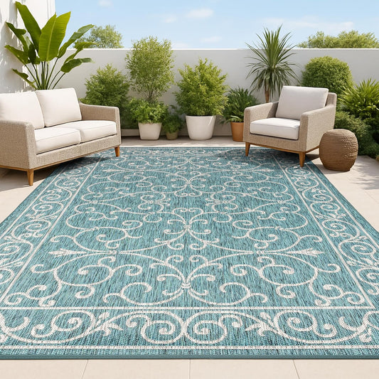 JONATHAN Y SMB106F-5 Charleston Vintage Filigree Textured Weave Indoor/Outdoor Teal/Gray 5 ft. x 8 ft. Area Rug, Classic,Easy Cleaning,HighTraffic,LivingRoom,Backyard, Non Shedding