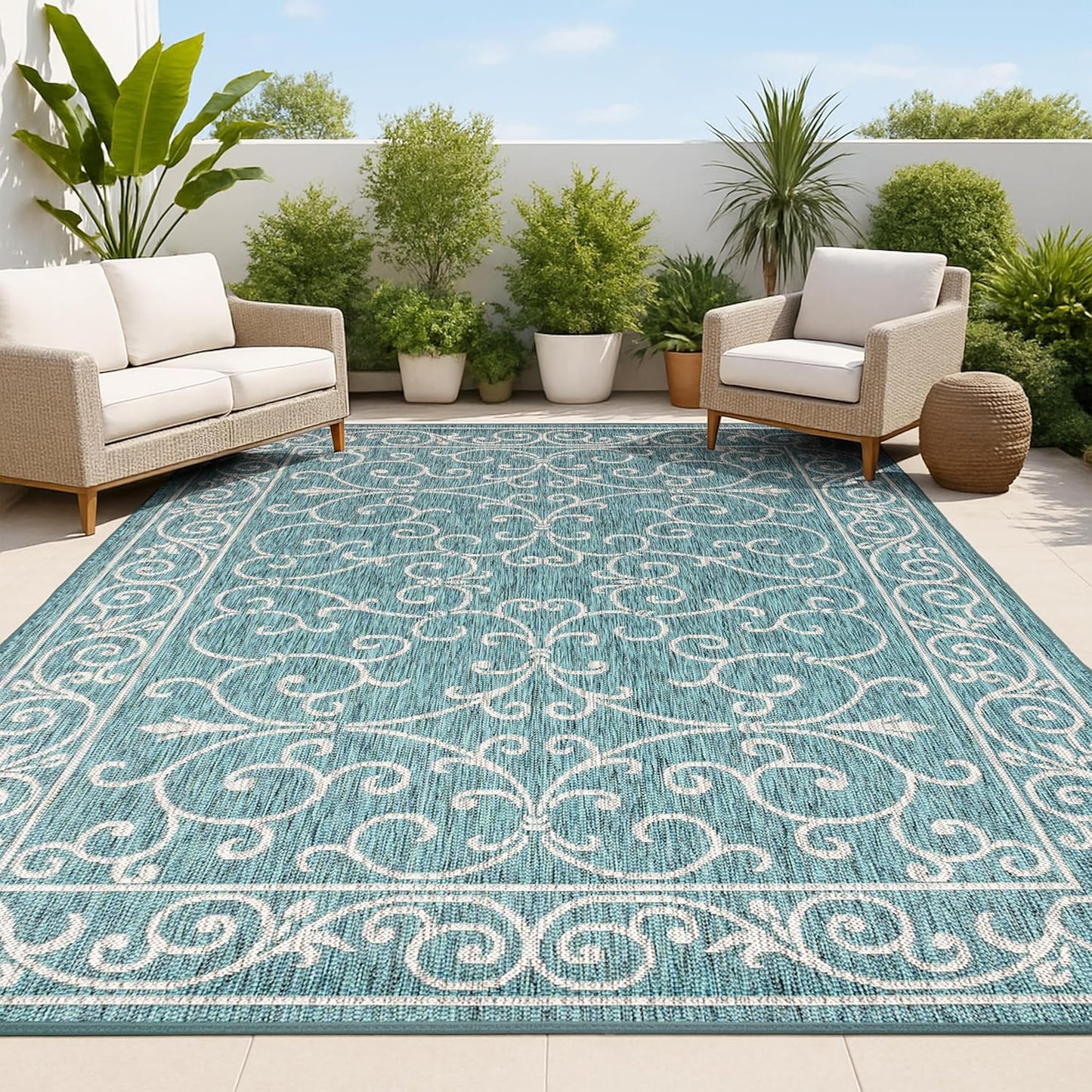 JONATHAN Y SMB106F-3 Charleston Vintage Filigree Textured Weave Indoor Outdoor Area Rug Classic Coastal Easy Cleaning Bedroom Kitchen Backyard Patio Non Shedding, 3 X 5, Teal/Gray