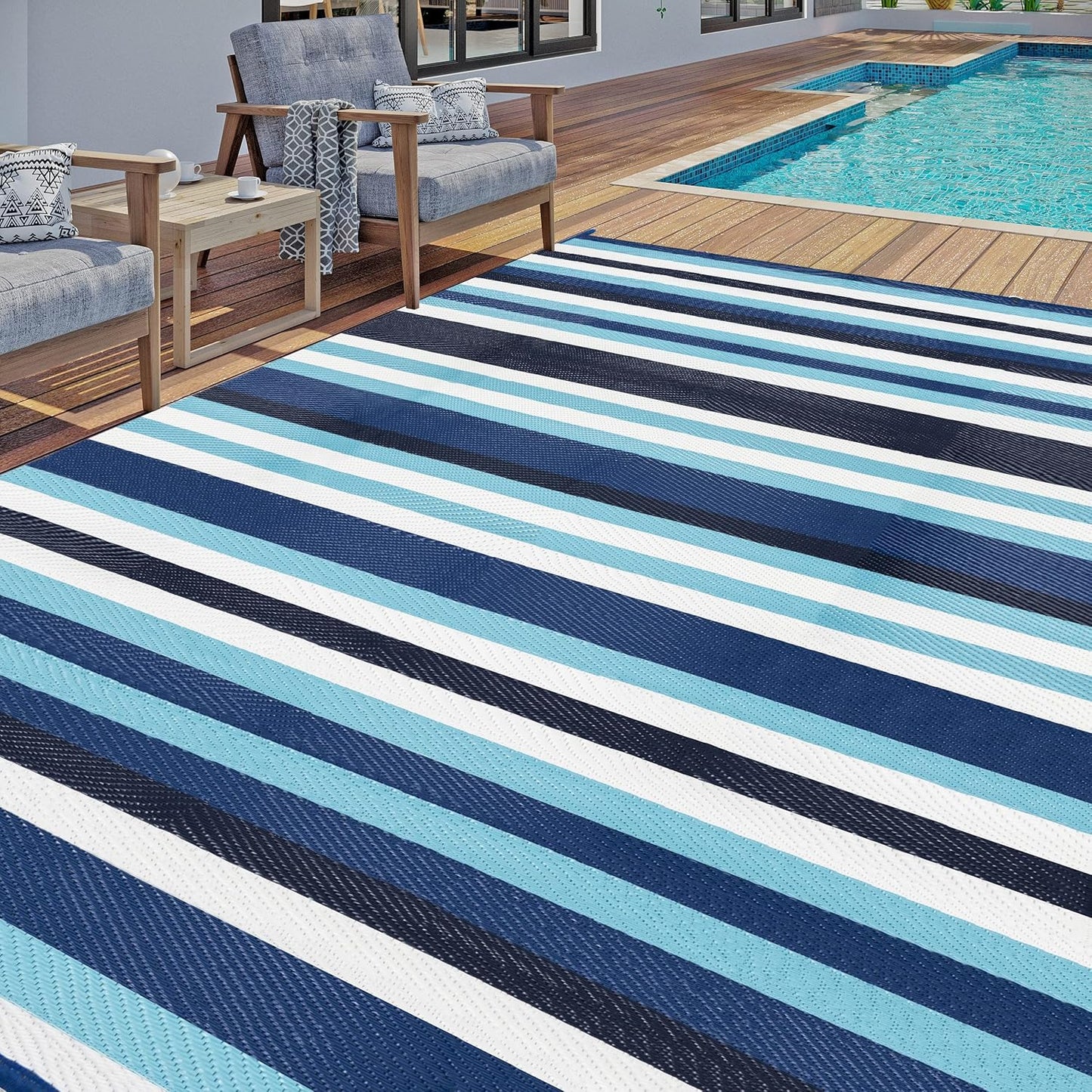 Outdoor Waterproof Rug 8'x10' Plastic Straw Rugs Washable Reversible Floor Mat Blue Stripe Carpet for Camping RV Deck Entryance Porch Picnic Balcony Beach Backyard