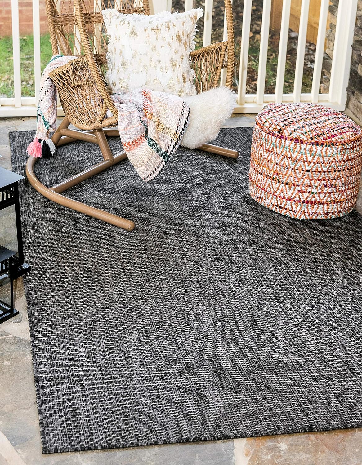 Unique Loom Collection Casual Transitional Solid Heathered Indoor/Outdoor Flatweave Area Rug (8' x 11' 4" Rectangle, Black/Ivory)