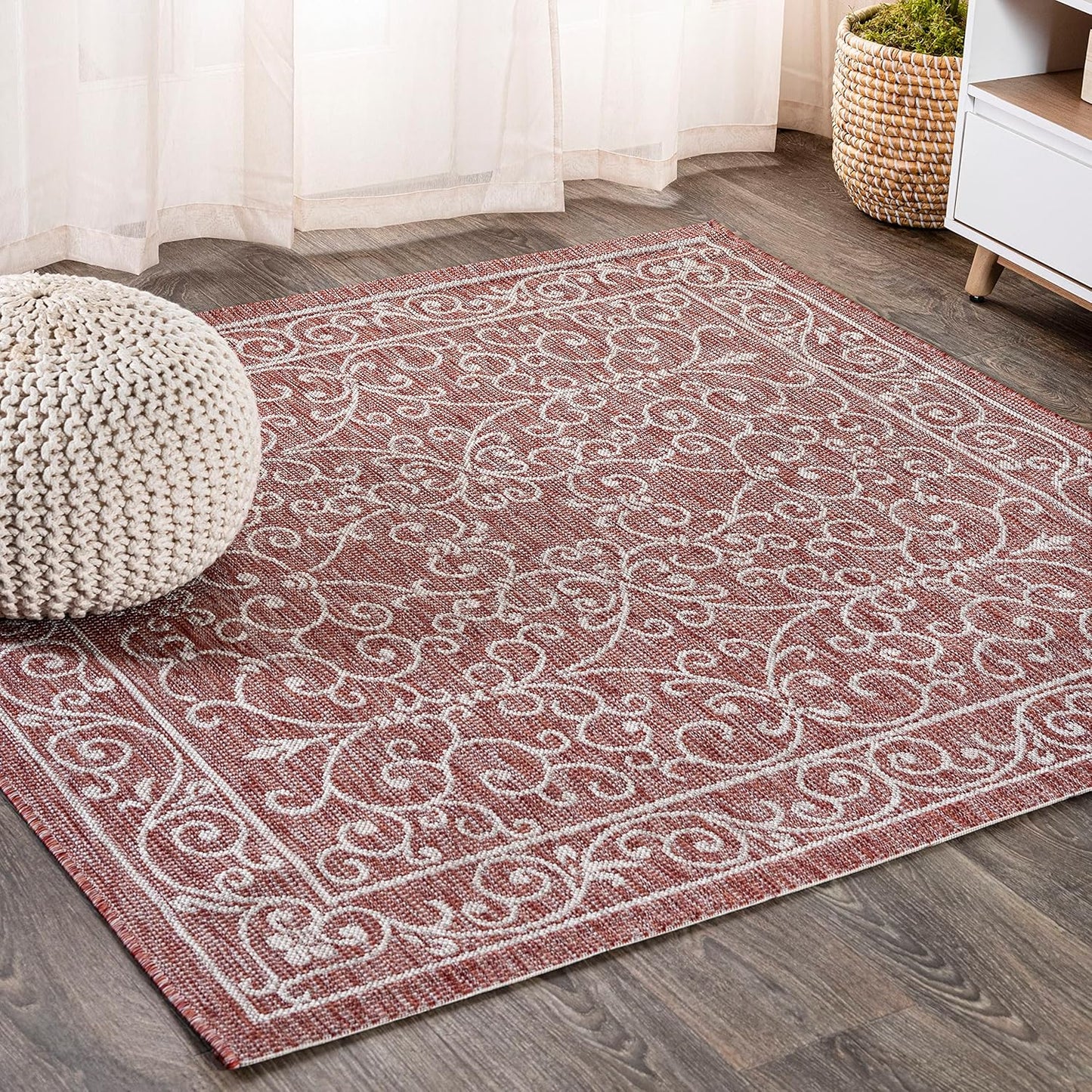 JONATHAN Y SMB106B-9SQ Charleston Vintage Filigree Textured Weave Red/Beige 9' Square Indoor/Outdoor Area Rug, Pet Friendly, Non-Shedding, Stain Resistant, Easy-Cleaning for Backyard, Patio, Porch