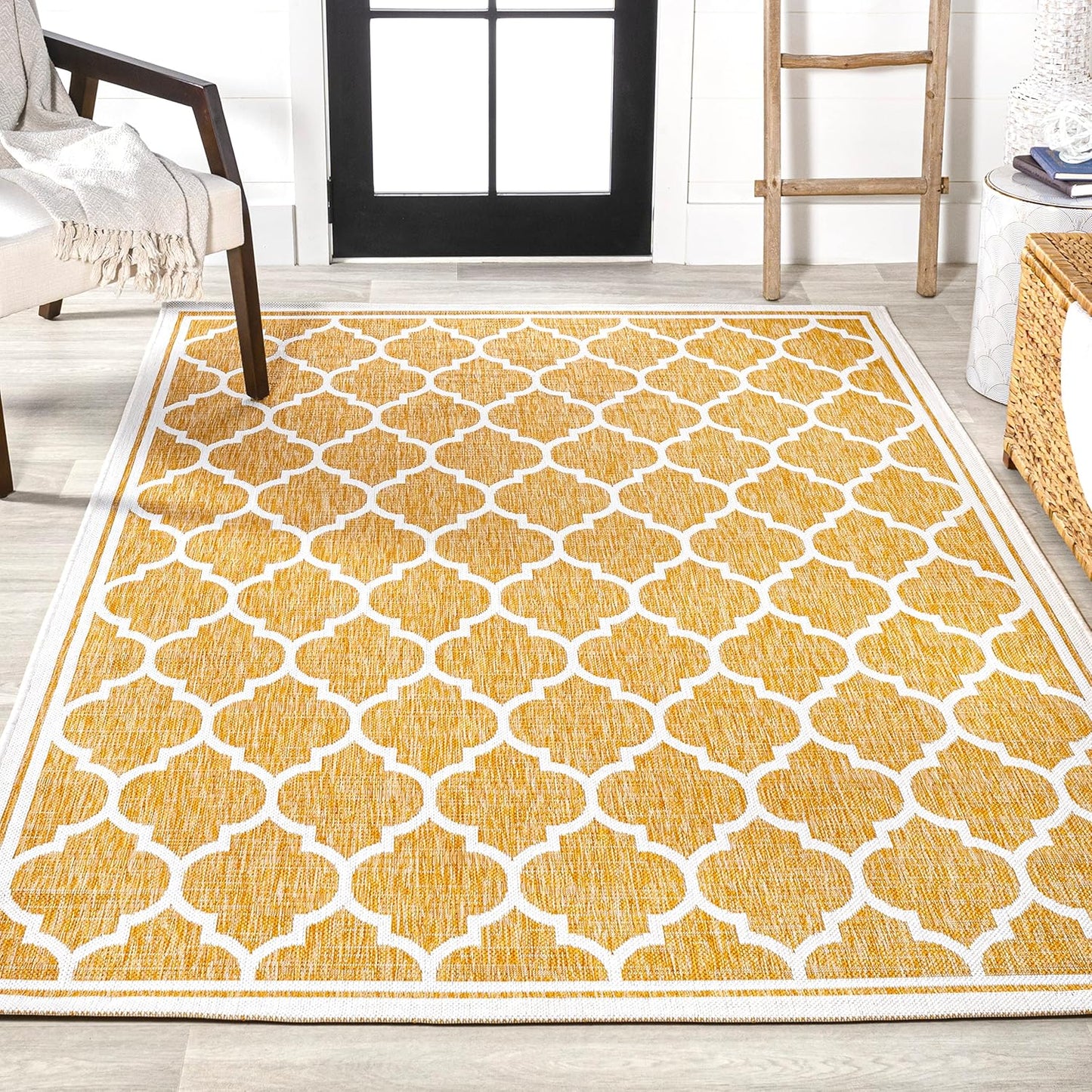 Eyely BMS109F-3 Santa Monica Trebol Moroccan Trellis Textured Weave Indoor/Outdoor Area Rug Coastal;Bohemian, Bedroom, Backyard, Patio, Easy-Cleaning, Non-Shedding, 3 X 5, Yellow/Cream