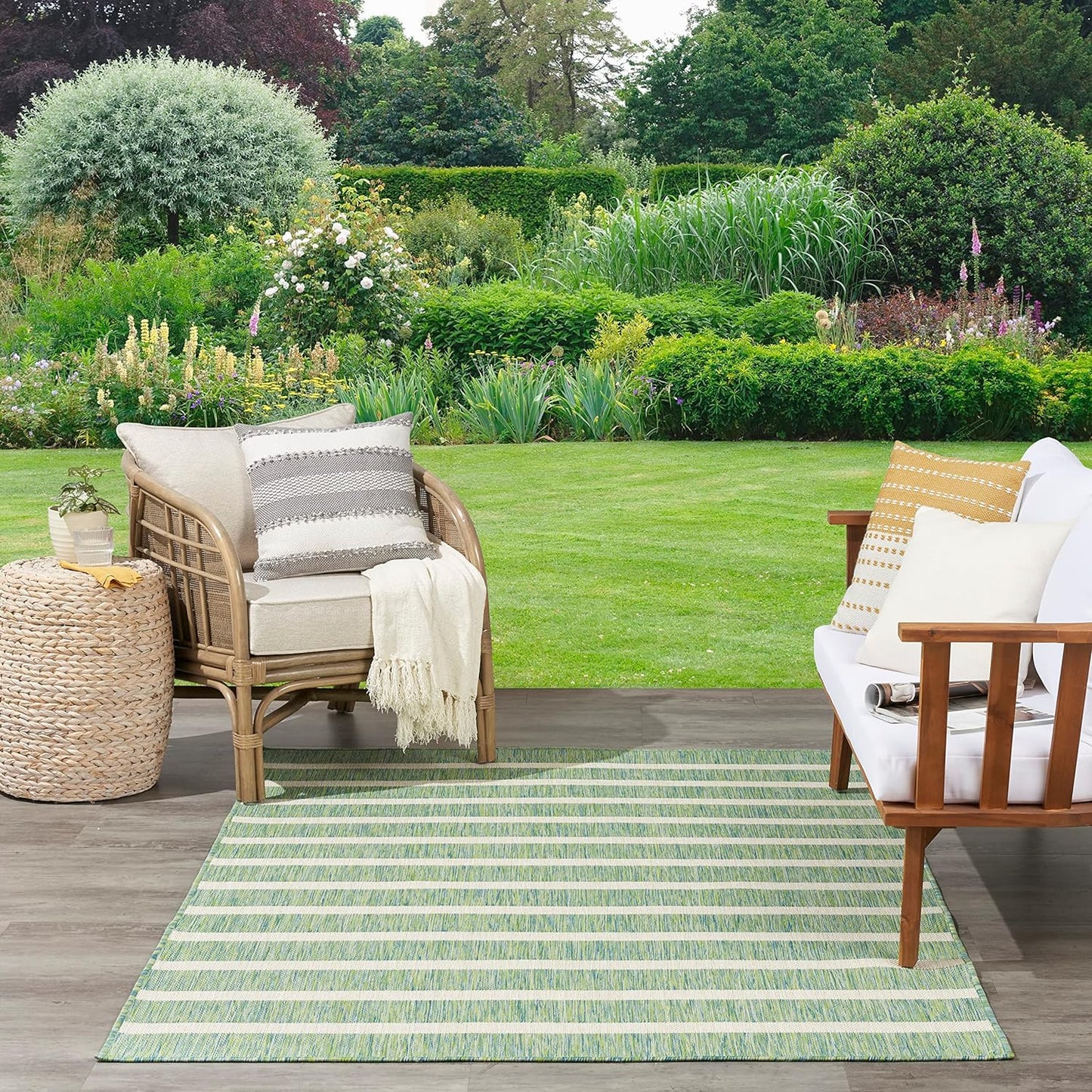 Nourison Home Positano 9' x 12' Indoor/Outdoor Blue Green Ivory Area Rug, Easy Cleaning, Non Shedding, Coastal Style, Striped, Rectangular