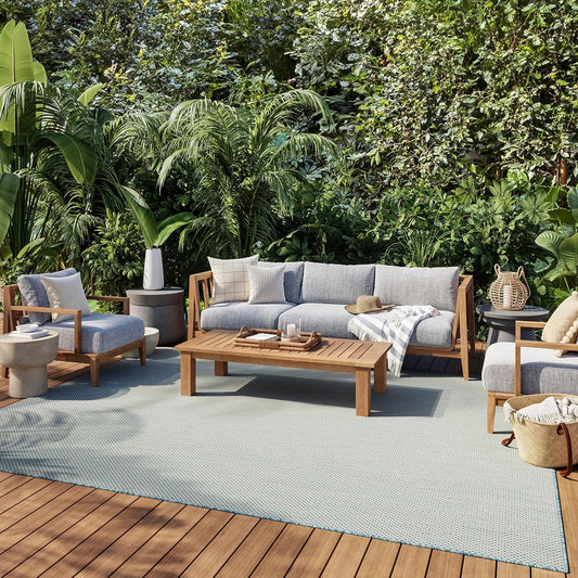 Nourison Courtyard Indoor/Outdoor Ivory Aqua 8' x 10' Area Rug, Geometric, Easy Cleaning, Non Shedding, Bed Room, Living Room, Dining Room, Deck, Patio, Backyard (8x10)