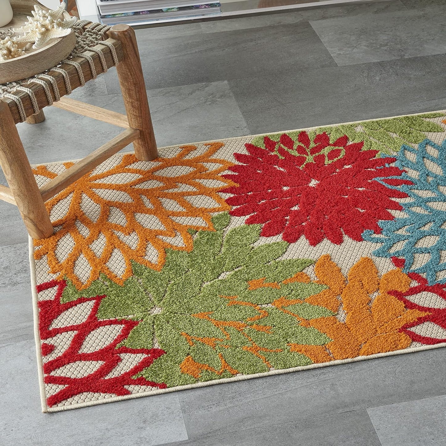 Nourison Aloha Indoor/Outdoor Green 3' x 5' Area Rug, Tropical, Botanical, Easy Cleaning, Non Shedding, Bed Room, Living Room, Dining Room, Deck, Backyard, Patio (3x5)