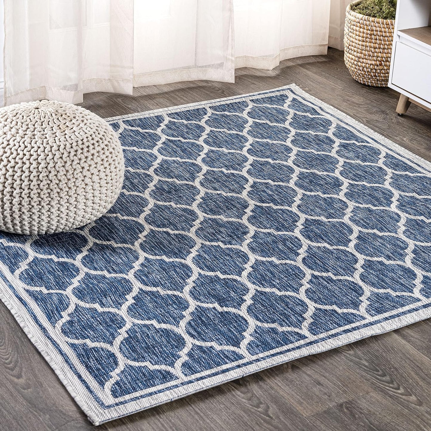 Eyely BMS109D-5SQ Santa Monica Trebol Moroccan Trellis Textured Weave Indoor/Outdoor Area Rug Coastal;Bohemian, Bedroom, Backyard, Patio, Easy-Cleaning, Non-Shedding, 5' Square, Navy/Gray