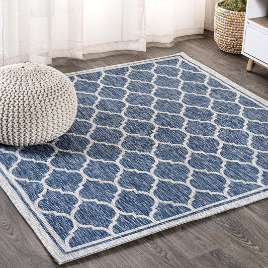 Eyely BMS109D-3SQ Santa Monica Trebol Moroccan Trellis Textured Weave, Pet Friendly, Non-Shedding, Stain Resistant, Easy-Cleaning, Navy/Gray, 3' Square, Indoor/Outdoor, Area Rug
