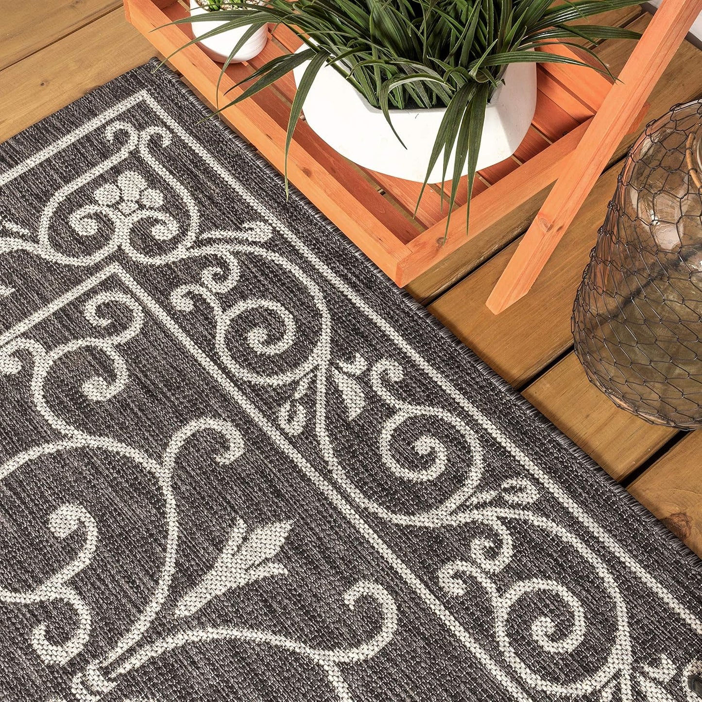 JONATHAN Y SMB106G-28 Charleston Vintage Filigree Textured Weave Indoor Outdoor Rug Living Room Backyard,2 X 8,Black/Gray