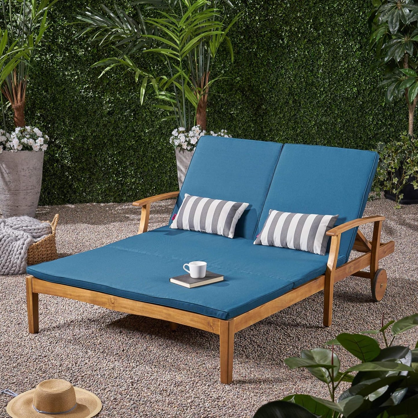 Christopher Knight Home Samantha Double Chaise Lounge for Yard and Patio, Acacia Wood Frame, Teak Finish with Blue Cushions