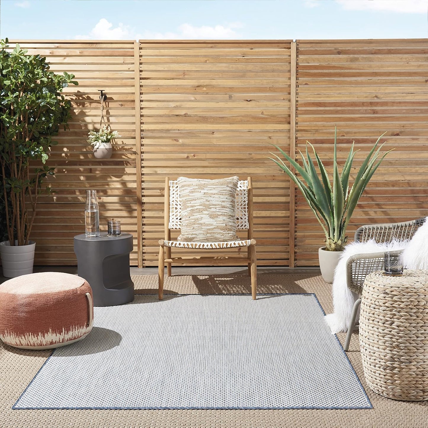 Nourison Courtyard Indoor/Outdoor Ivory Blue 4' x 6' Area Rug, Geometric, Easy Cleaning, Non Shedding, Bed Room, Living Room, Dining Room, Deck, Patio, Backyard (4x6)