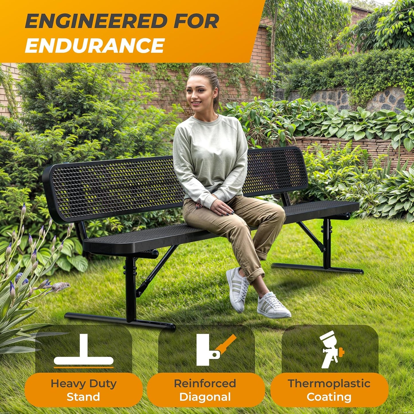 Heavy-Duty Outdoor Metal Bench, Thermoplastic-Coated, Portable, Weatherproof, Commercial-Grade for Parks, Gardens, Patios, Stores & More (8 Ft - Portable with Back, Black)