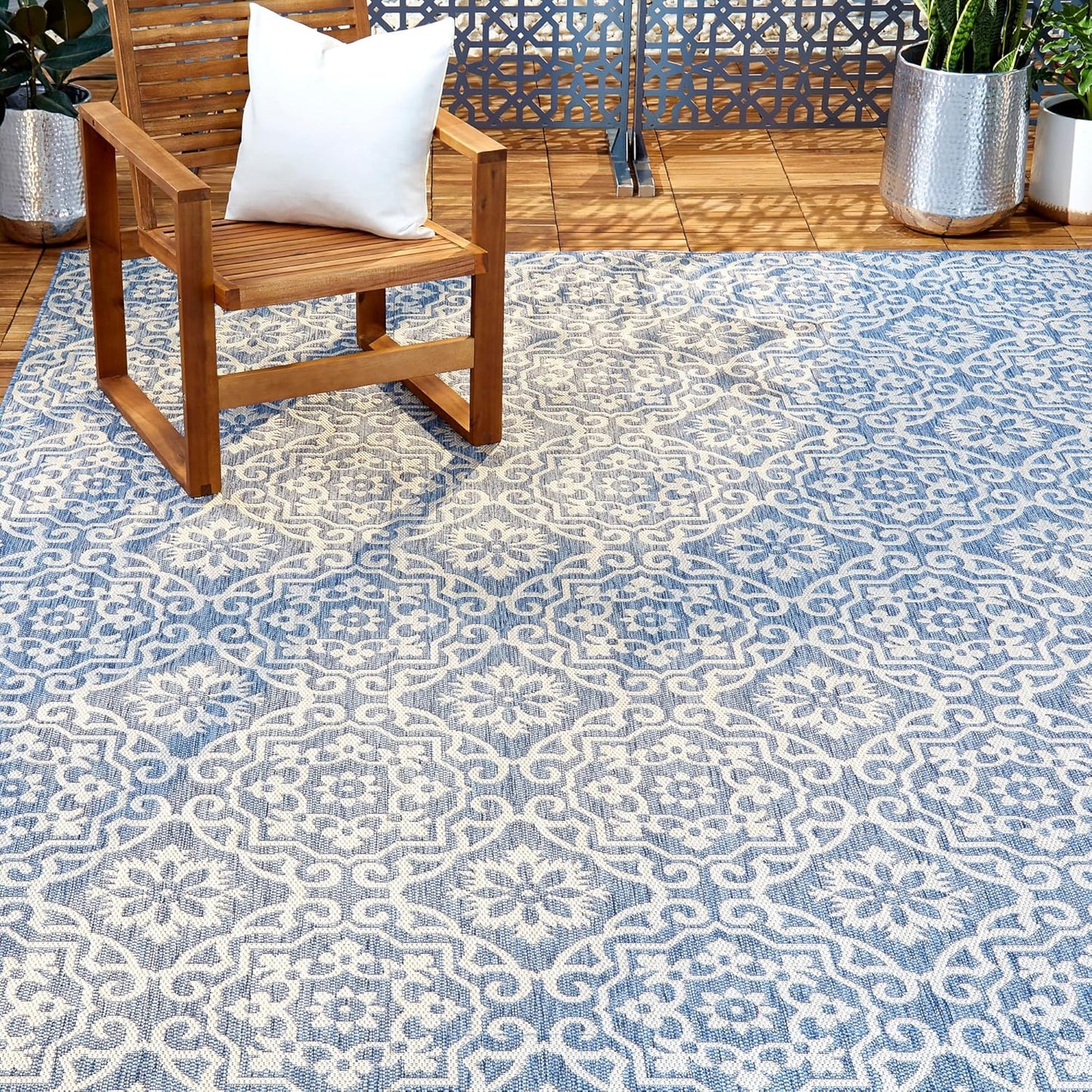 Nicole Miller New York Patio Country Julia Transitional Geometric Indoor/Outdoor Area Rug, Blue/Grey, 7'9"x10'2"