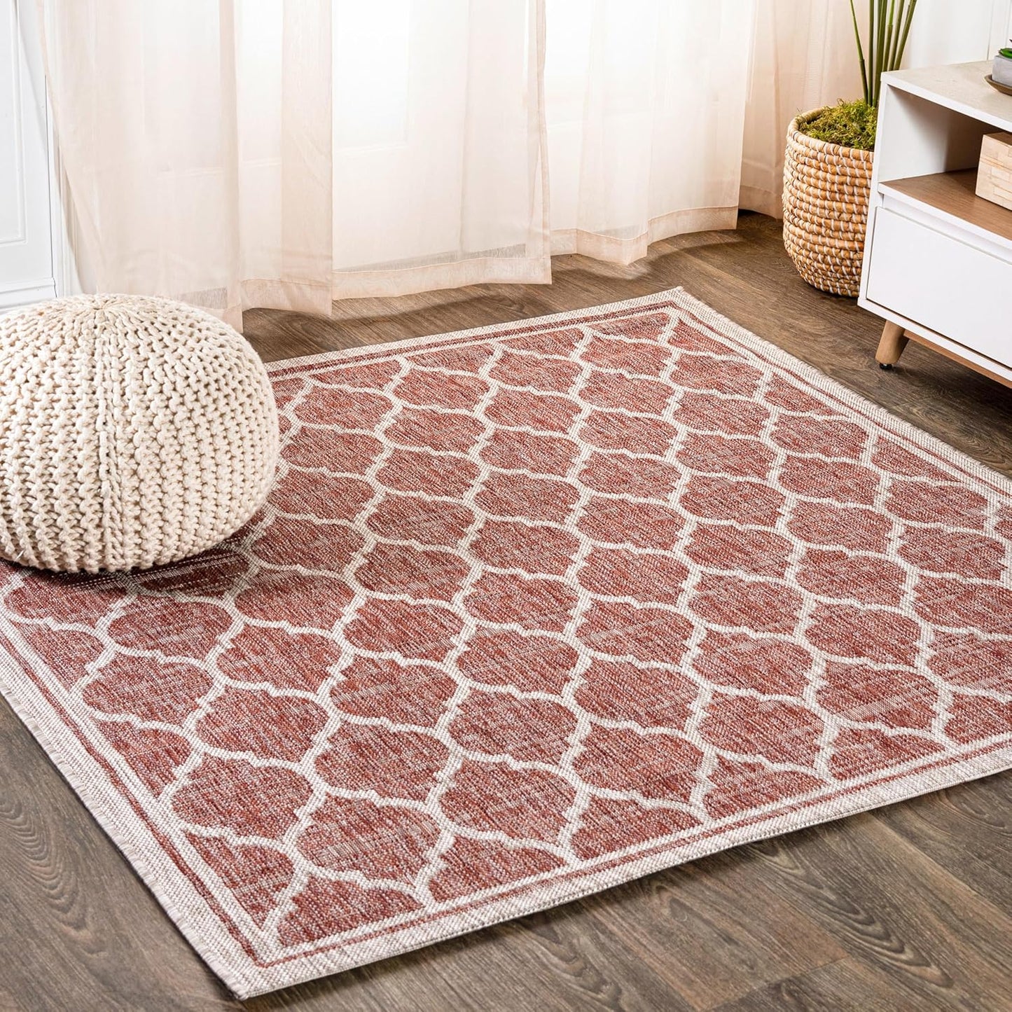 Eyely BMS109C-5SQ Santa Monica Trebol Moroccan Trellis Textured Weave Indoor/Outdoor Area Rug Coastal;Bohemian, Bedroom, Backyard, Patio, Easy-Cleaning, Non-Shedding, 5' Square, Red/Beige