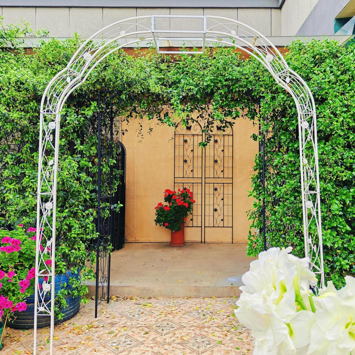 Metal Garden Arch 98.4" H Garden Arbor Trellis for Outdoor Climbing Plants Support Rose Lawn Tall Super Large Event Arch(XL, Cream White)