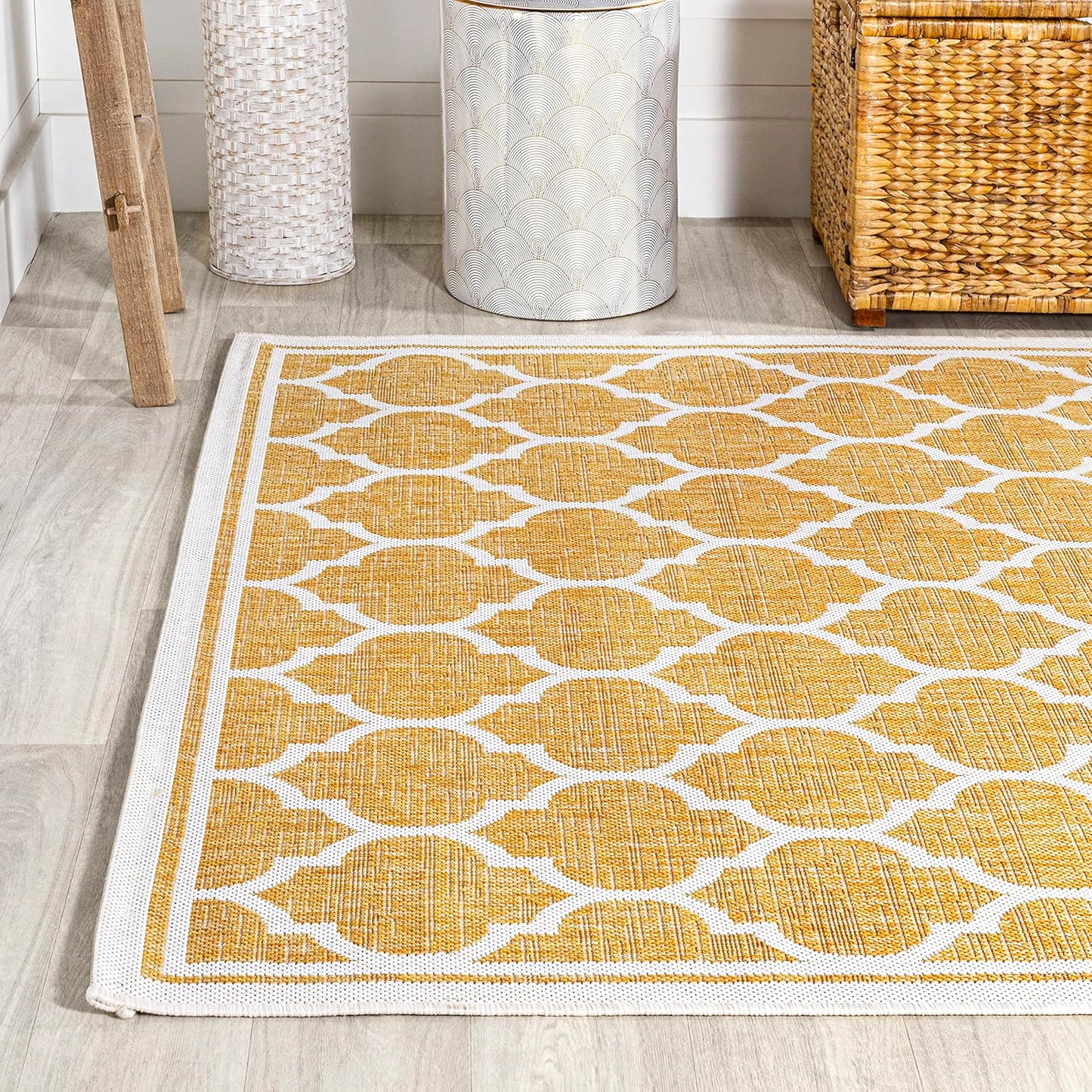 Eyely BMS109F-5 Santa Monica Trebol Moroccan Trellis Textured Weave Indoor/Outdoor Area Rug Coastal;Bohemian, Bedroom, Backyard, Patio, Easy-Cleaning, Non-Shedding, 5 X 8, Yellow/Cream